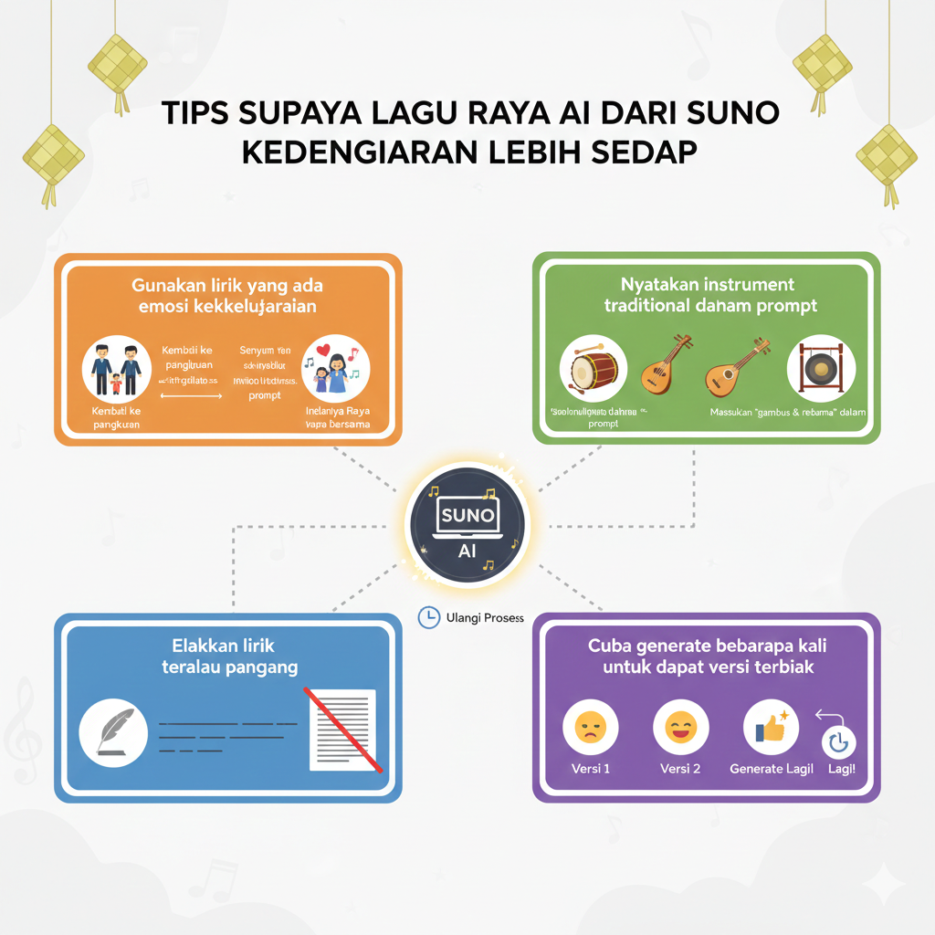 Infographic titled “Tips Supaya Lagu Raya AI dari SUNO Kedengaran Lebih Sedap” with tips such as using emotional family-themed lyrics, specifying traditional instruments in the prompt, avoiding overly long lyrics, and generating multiple versions to choose the best one.