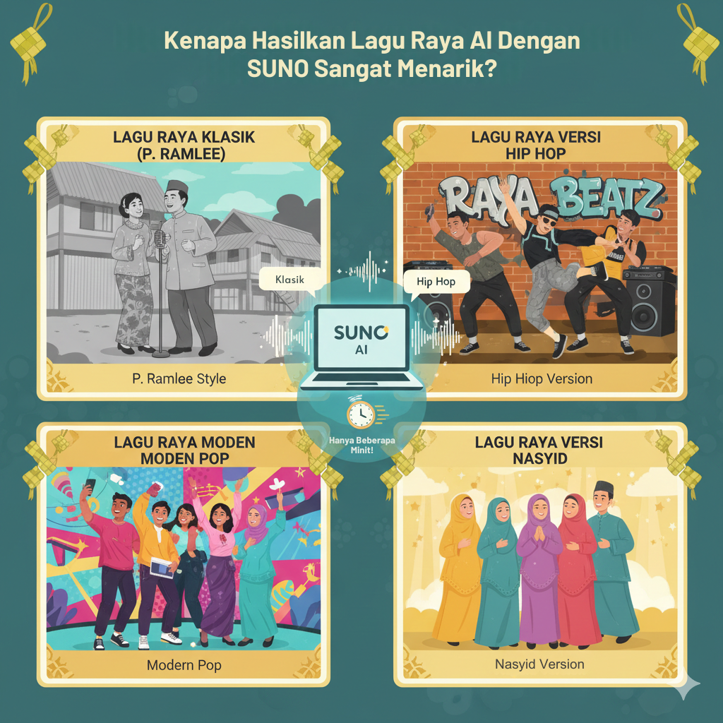 Infographic titled “Kenapa Hasilkan Lagu Raya AI Dengan SUNO Sangat Menarik?” showing four style options: classic P. Ramlee style, hip hop version, modern pop, and nasyid, with a SUNO AI icon in the center indicating multiple music style possibilities.