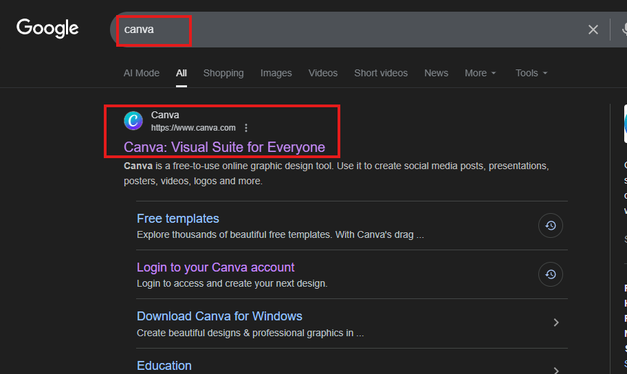 Screenshot of a Google search results page for “Canva,” highlighting the official Canva website link and description for creating social media posts, presentations, and designs.