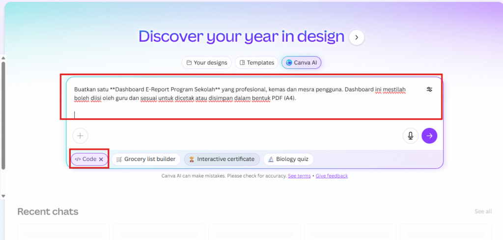 Close-up screenshot of Canva’s search bar with AI prompt suggestions, highlighting options like “AI code,” “Discover by taste,” and “Iterative creative” under the banner “Discover your year in design.”