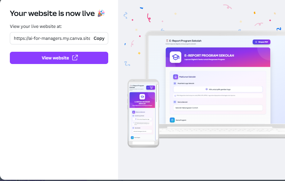 Screenshot showing a Canva message “Your website is now live,” displaying a preview of the E-Report Program Sekolah site on desktop and mobile with a link to view the live website.