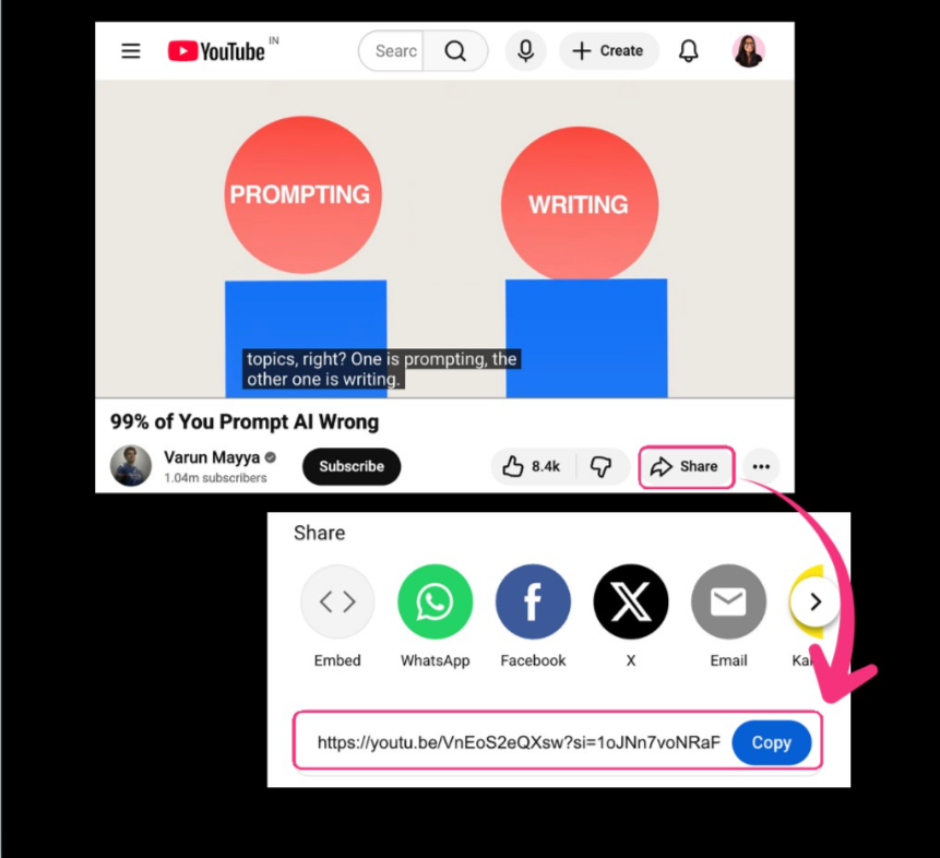 Paparan YouTube menunjukkan cara menyalin pautan video untuk digunakan dalam Gemini bagi menghasilkan sketch infographic AI daripada kandungan video.