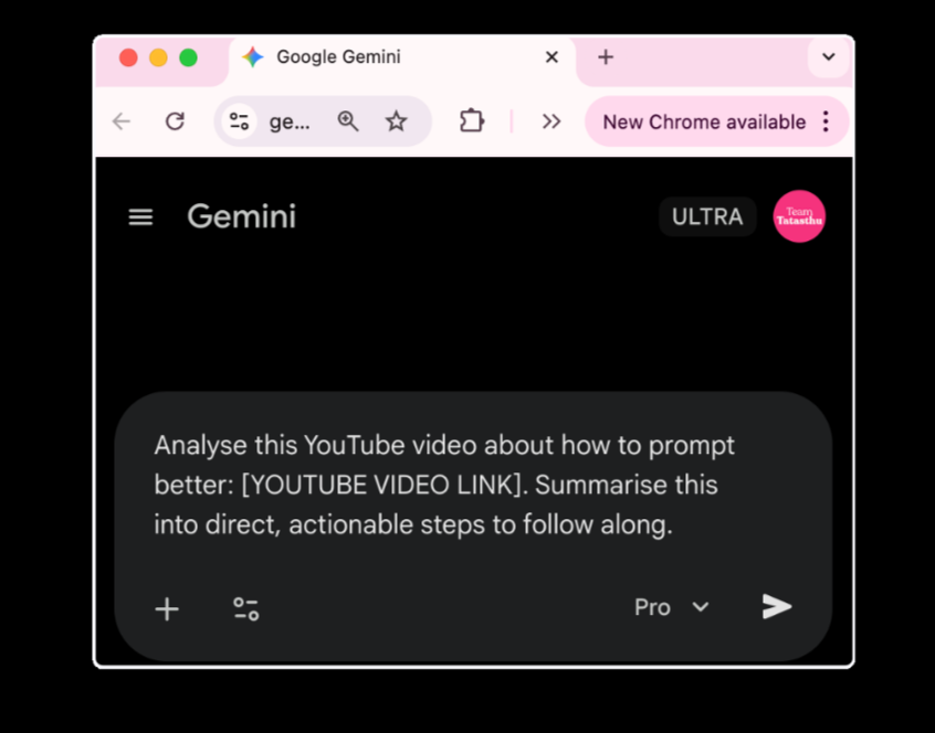 Paparan arahan dalam Gemini untuk menganalisis video YouTube dan menukarnya kepada langkah praktikal sebelum dijadikan sketch infographic AI.