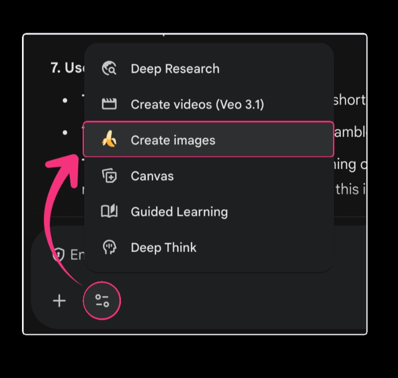 Paparan menu Tools dalam Gemini menunjukkan pilihan Create Images untuk menjana sketch infographic AI gaya whiteboard sketchnote.