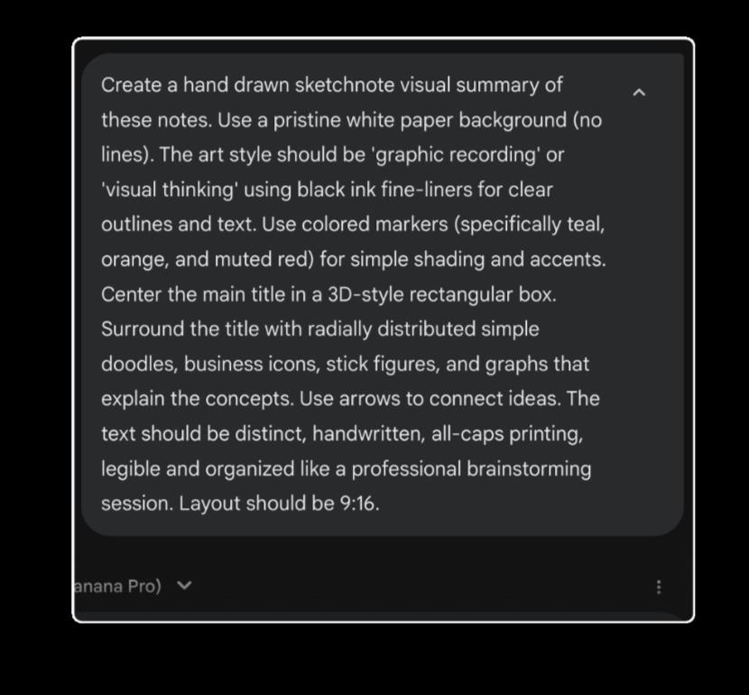 Paparan prompt dalam Gemini untuk menghasilkan sketch infographic AI gaya sketchnote dengan arahan gaya graphic recording, tulisan tangan dan susun atur visual 9:16.
