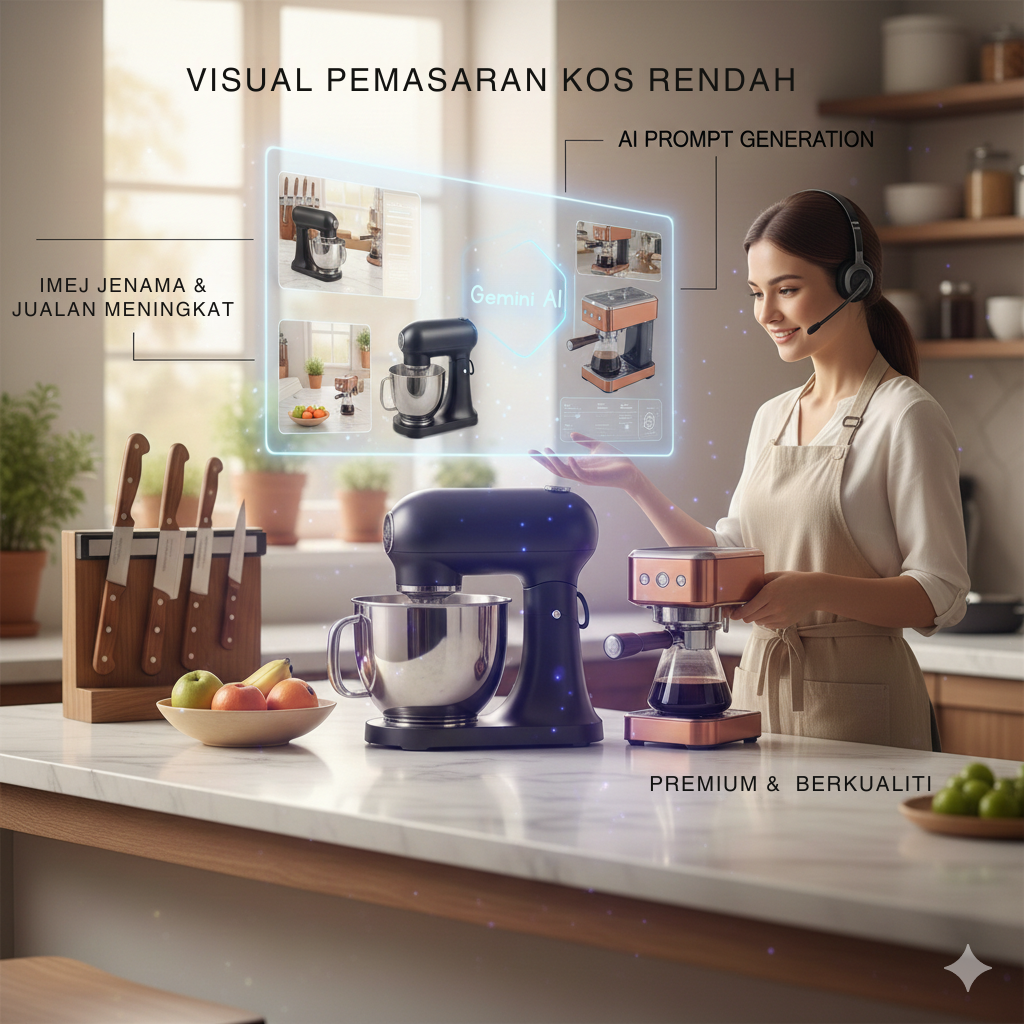 “Woman in a modern kitchen wearing a headset while using a coffee machine beside a stand mixer. Floating holographic panels show product visuals and AI prompt generation. Text reads ‘Visual Pemasaran Kos Rendah,’ ‘Imej Jenama & Jualan Meningkat,’ and ‘Premium & Berkualiti.’”