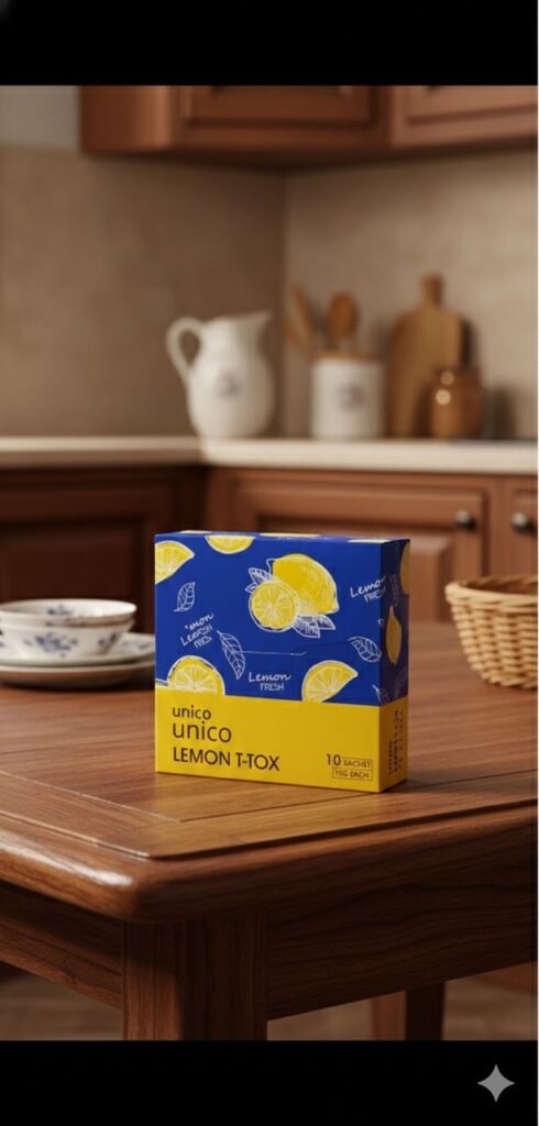 “Box of Unico Lemon I-Tox tea in blue and yellow packaging placed on a wooden kitchen table, with a softly blurred traditional kitchen background featuring cabinets, jars, and utensils.”
