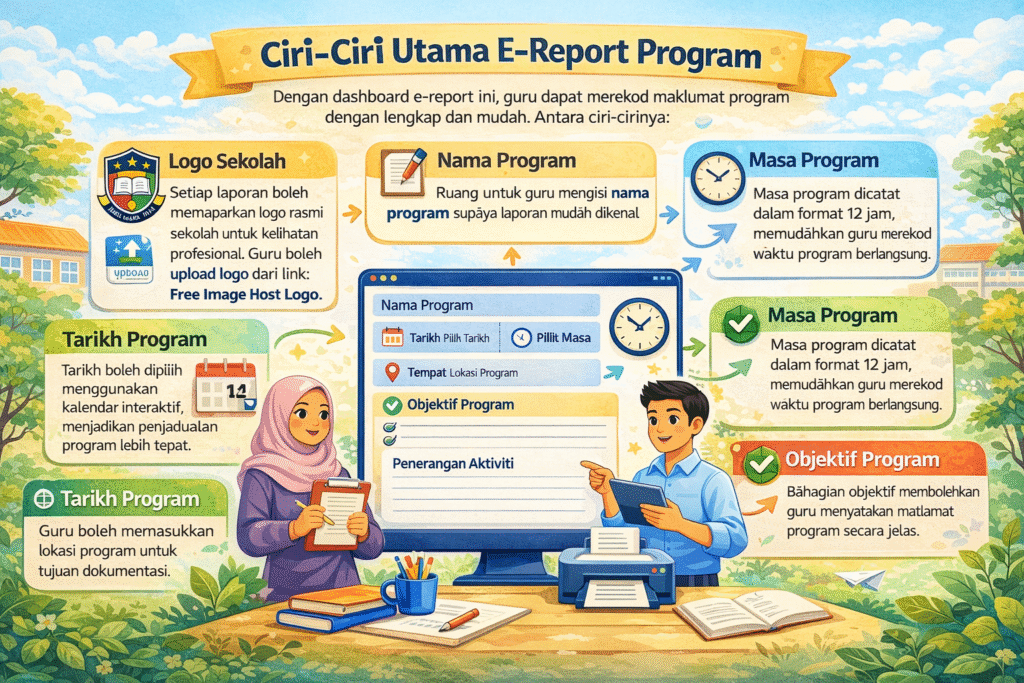 Infographic titled “Ciri-Ciri Utama E-Report Program” explaining key features of a school e-report dashboard, including school logo, program name, date, time, location, objectives, and activity description, illustrated with two teachers and a computer setup.