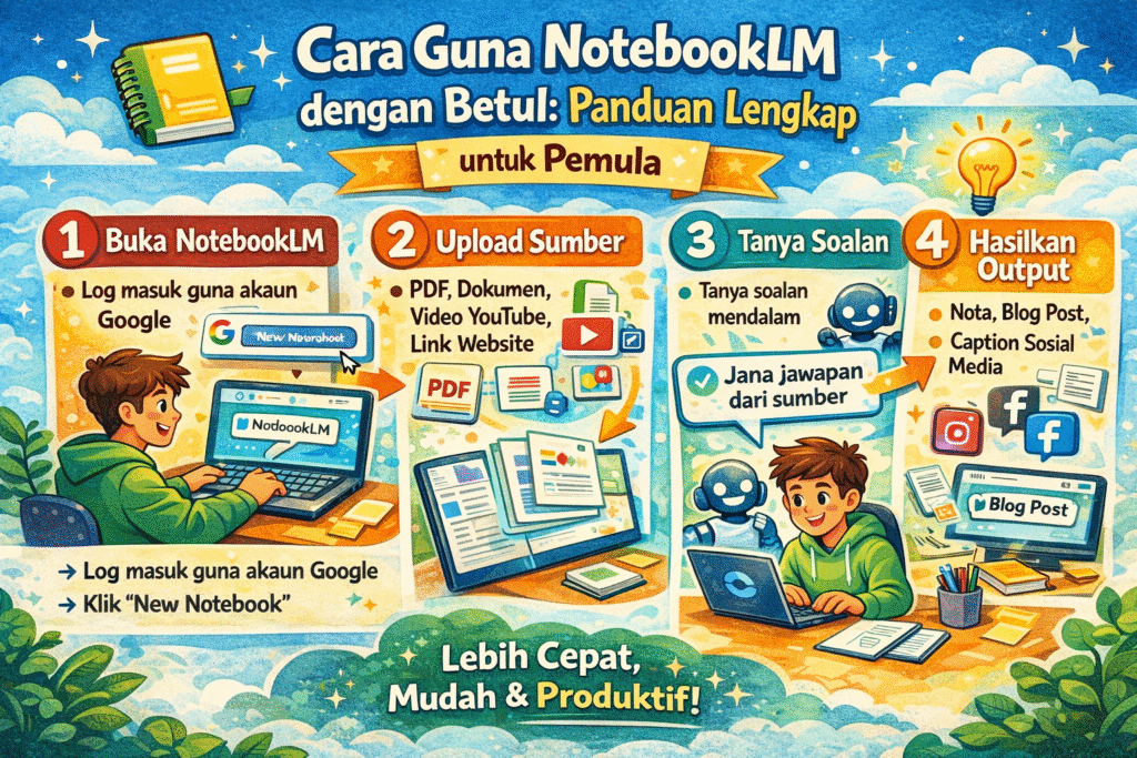 Infographic titled “Cara Guna NotebookLM dengan Betul: Panduan Lengkap untuk Pemula” outlining four steps: open NotebookLM with a Google account, upload sources like PDFs or YouTube links, ask questions based on the sources, and generate outputs such as notes, blog posts, or social media captions, emphasizing speed and productivity.
