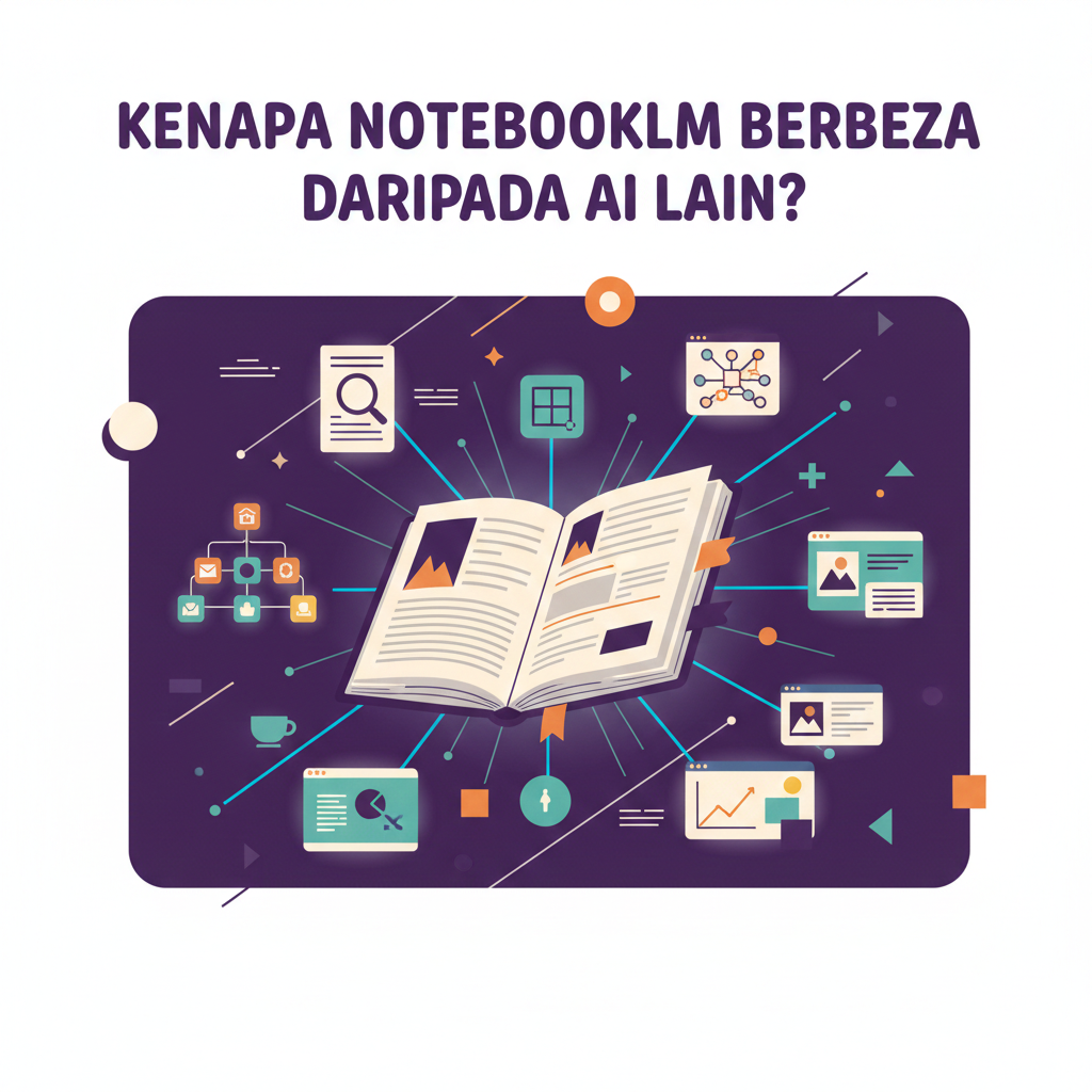 Illustration titled “Kenapa NotebookLM Berbeza Daripada AI Lain?” showing an open book in the center connected to various icons for documents, charts, images, and data, symbolizing how NotebookLM links multiple sources for deeper understanding.