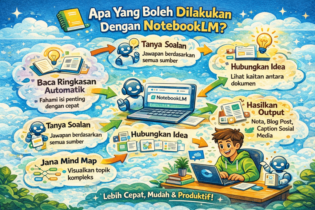 Infographic titled “Apa Yang Boleh Dilakukan Dengan NotebookLM?” showing features like automatic summaries, asking questions from sources, connecting ideas across documents, generating outputs such as notes or blog posts, and creating mind maps for complex topics, highlighting speed and productivity.