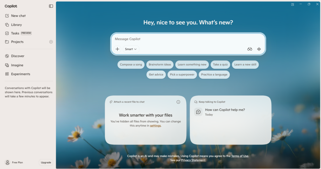 Tangkapan skrin aplikasi Microsoft Copilot yang memaparkan paparan utama berlatar belakangkan imej bunga dengan baris mesej "Message Copilot" di bahagian tengah, menu navigasi di sebelah kiri, serta kad cadangan aktiviti seperti "Compose a song" dan "Brainstorm ideas".