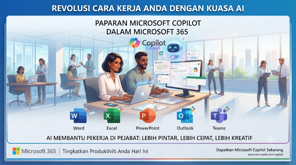 Poster landskap bertajuk "Revolusi Cara Kerja Anda Dengan Kuasa AI" yang memaparkan ilustrasi pekerja di pejabat menggunakan Microsoft Copilot dalam Microsoft 365, berserta ikon aplikasi Word, Excel, PowerPoint, Outlook, dan Teams di bahagian bawah.