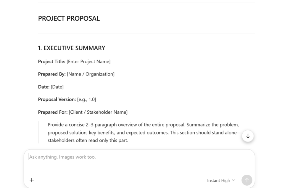 Tangkapan skrin dokumen templat Project Proposal yang memaparkan bahagian 1. Executive Summary berserta medan maklumat projek seperti Project Title, Prepared By, Date, Proposal Version, Prepared For, dan kotak teks arahan ringkasan.