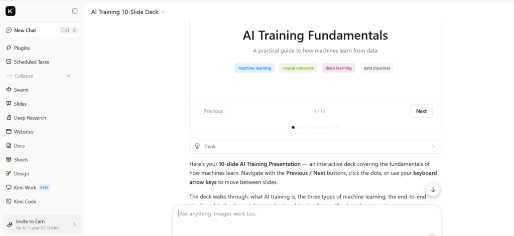 Tangkapan skrin antara muka aplikasi yang memaparkan paparan slaid interaktif bertajuk "AI Training Fundamentals" di bawah projek "AI Training 10-Slide Deck", lengkap dengan menu navigasi sisi kiri dan butang kawalan slaid di bahagian bawah.