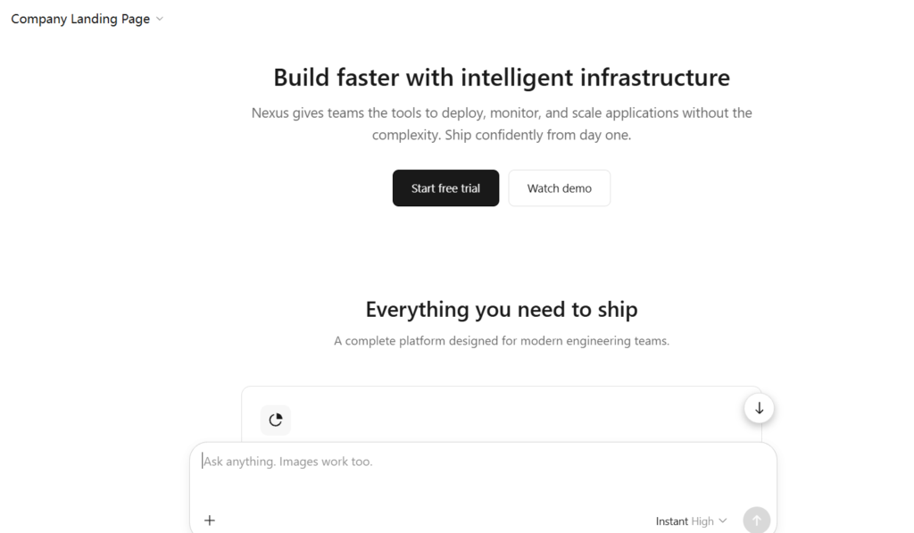 Tangkapan skrin laman web korporat bertajuk "Company Landing Page" yang memaparkan tajuk utama "Build faster with intelligent infrastructure", keterangan ringkas mengenai platform Nexus, butang tindakan "Start free trial" dan "Watch demo", serta bahagian pengenalan "Everything you need to ship".