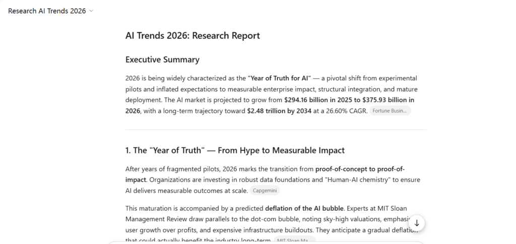 Tangkapan skrin laporan bertajuk "AI Trends 2026: Research Report" yang memaparkan bahagian ringkasan eksekutif (Executive Summary) tentang tahun 2026 sebagai "Year of Truth for AI" serta unjuran pertumbuhan pasaran AI.