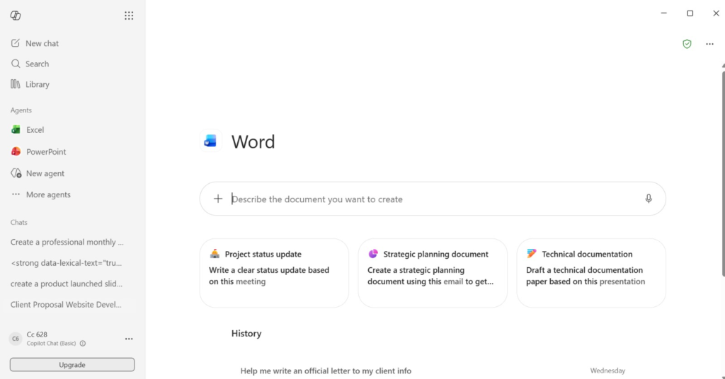 Tangkapan skrin aplikasi Microsoft Copilot yang memaparkan ejen Word dengan baris arahan "Describe the document you want to create", pilihan kad dokumen seperti "Project status update" dan "Strategic planning document", serta panel navigasi di sebelah kiri.