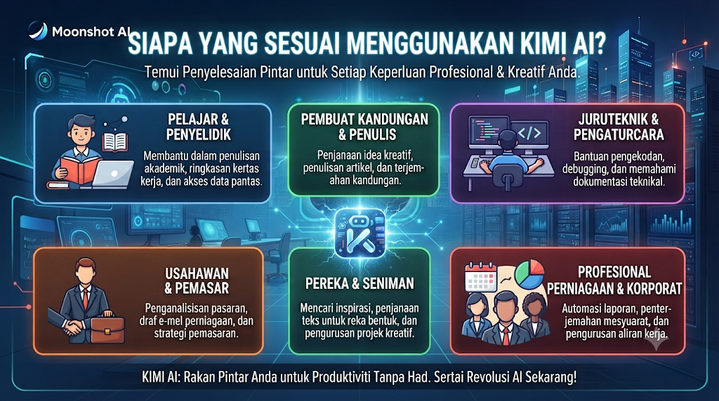 Poster landskap terbitan Moonshot AI yang bertajuk "Siapa yang Sesuai Menggunakan Kimi AI?" memaparkan kumpulan sasaran yang boleh mendapat manfaat daripada pembantu AI tersebut—seperti pelajar dan penyelidik, pembuat kandungan dan penulis, juruteknik dan pengaturcara, usahawan dan pemasar, pereka dan seniman, serta profesional perniagaan dan korporat—beserta slogan penutup yang menggalakkan pengguna menyertai revolusi AI untuk produktiviti tanpa had.