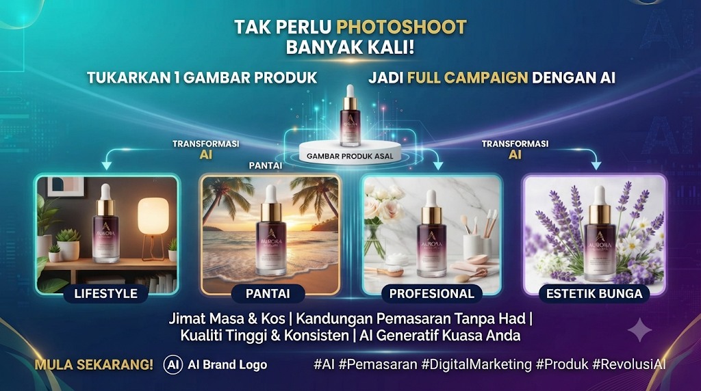 "Poster promosi perkhidmatan penjanaan imej produk menggunakan AI dengan tajuk 'Tak Perlu Photoshoot Banyak Kali!' menampilkan botol serum kecantikan yang diubah ke dalam pelbagai tema latar belakang seperti gaya hidup, pantai, profesional, dan estetik bunga."