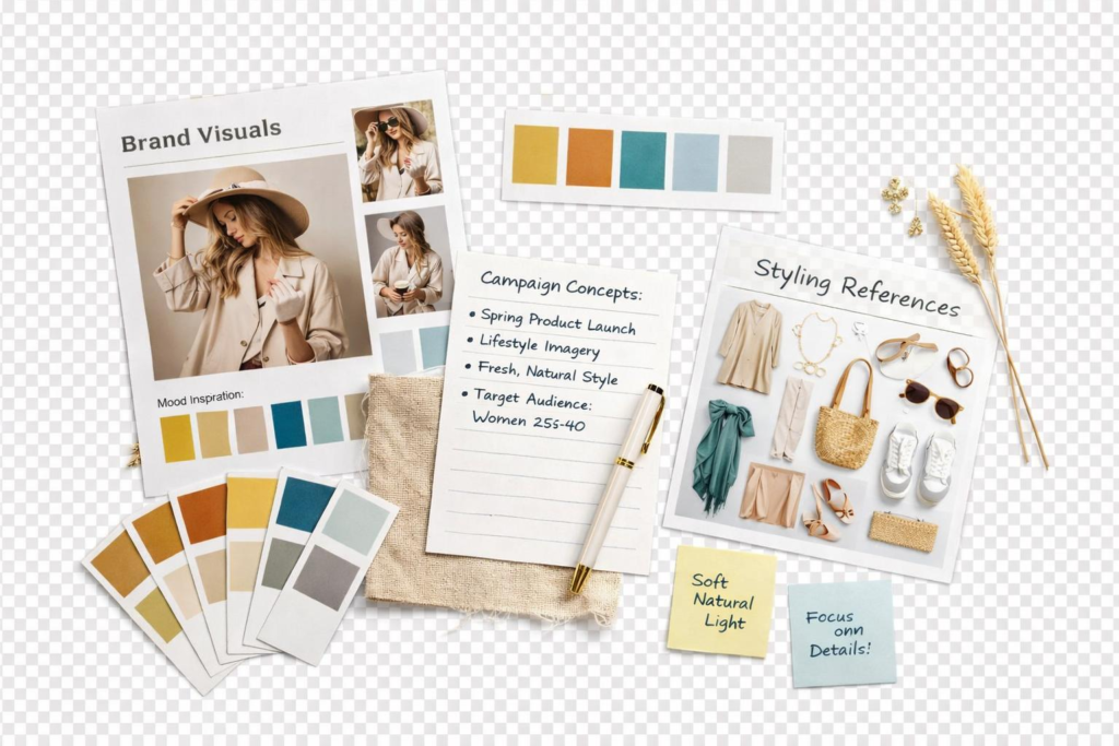 "Mood board reka bentuk kempen fesyen yang menampilkan dokumen 'Brand Visuals', helaian 'Campaign Concepts', rujukan gaya pakaian, palet warna, dan nota lekat bertulis."