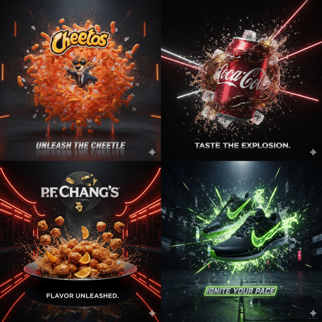 "Kompilasi empat poster iklan kreatif jenama terkenal yang memaparkan Cheetos, Coca-Cola, P.F. Chang's, dan Nike dengan kesan visual letupan dinamik."