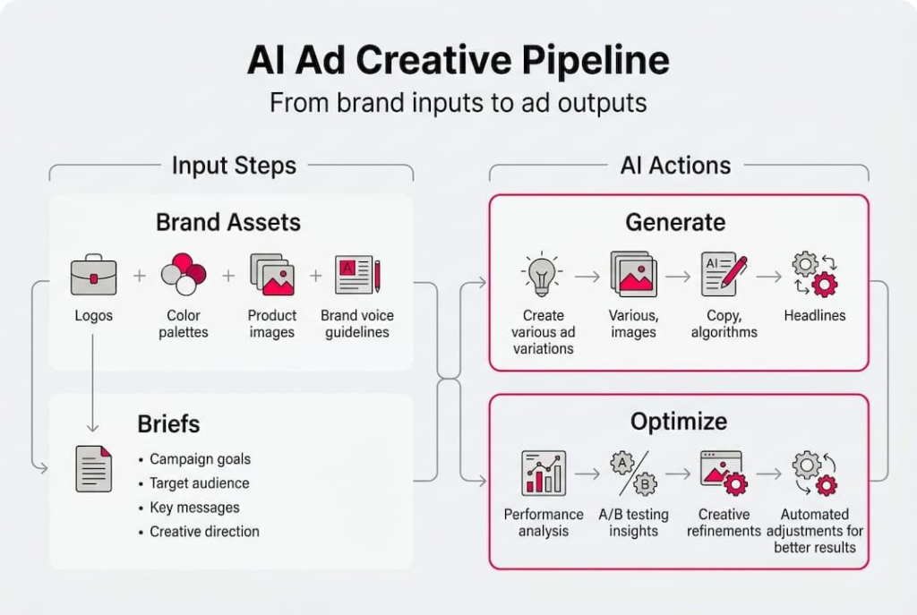 "Carta aliran 'AI Ad Creative Pipeline' yang menunjukkan proses daripada langkah input aset jenama dan ringkasan kepada tindakan AI dalam menjana dan mengoptimumkan iklan."