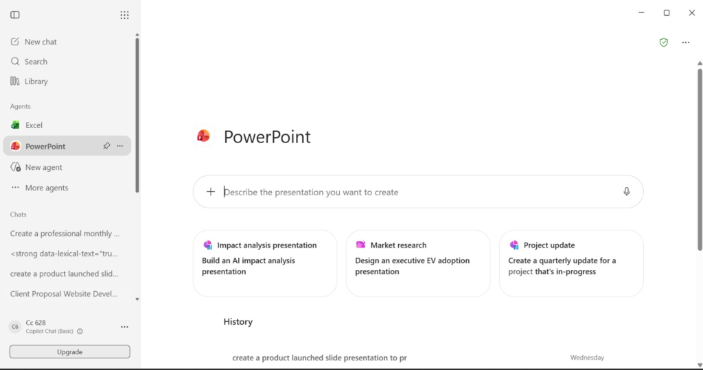 Tangkapan skrin aplikasi Microsoft Copilot yang memaparkan ejen PowerPoint dengan baris arahan "Describe the presentation you want to create", pilihan kad persembahan seperti "Impact analysis presentation", "Market research", dan "Project update", serta panel navigasi di sebelah kiri.