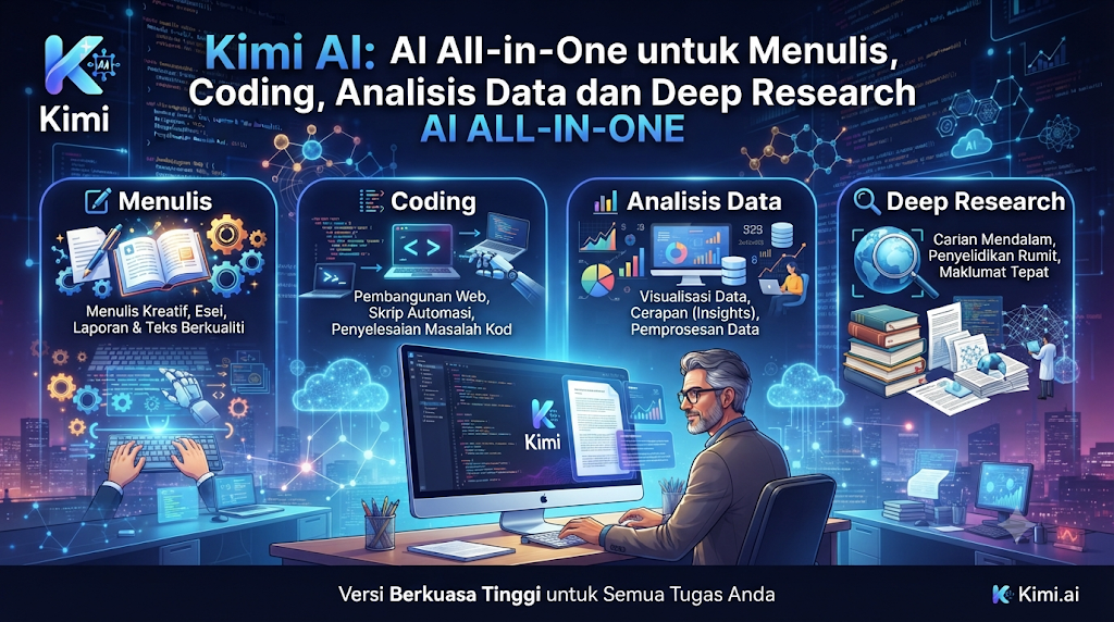 Poster landskap digital bertema teknologi yang memaparkan tajuk utama tentang keupayaan All-in-One Kimi AI dalam bidang penulisan, pengekodan, analisis data, dan penyelidikan mendalam ini dilengkapi dengan empat kotak infografik fungsi serta visual latar belakang bernuansa biru futuristik.