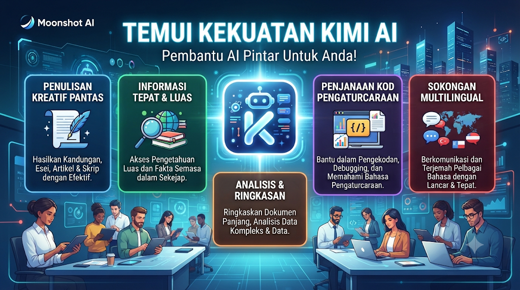Poster landskap terbitan Moonshot AI yang bertajuk "Temui Kekuatan Kimi AI" memaparkan kelebihan pembantu AI pintar tersebut—seperti penulisan kreatif, informasi luas, analisis dokumen, penjanaan kod pengaturcaraan, dan sokongan multilingual—bersama ilustrasi individu yang bekerja menggunakan peranti digital di pejabat moden.