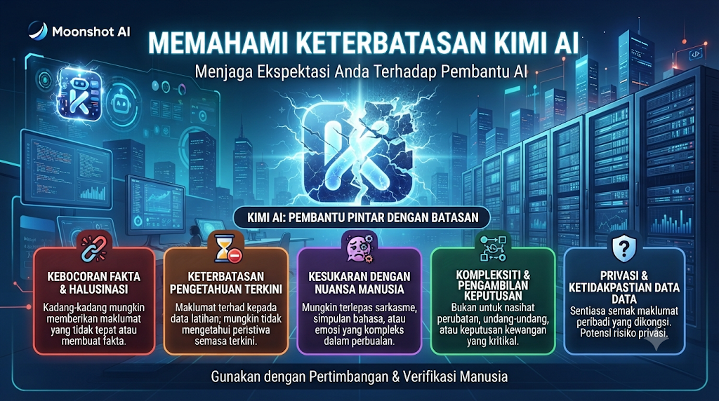 Poster landskap terbitan Moonshot AI yang bertajuk "Memahami Keterbatasan Kimi AI" memaparkan had keupayaan pembantu AI tersebut—seperti risiko kebocoran fakta dan halusinasi, keterbatasan pengetahuan terkini, kesukaran memahami nuansa manusia, kompleksiti dalam pengambilan keputusan kritikal, serta isu privasi data—beserta pesanan agar pengguna sentiasa menggunakan AI dengan pertimbangan dan verifikasi manusia.