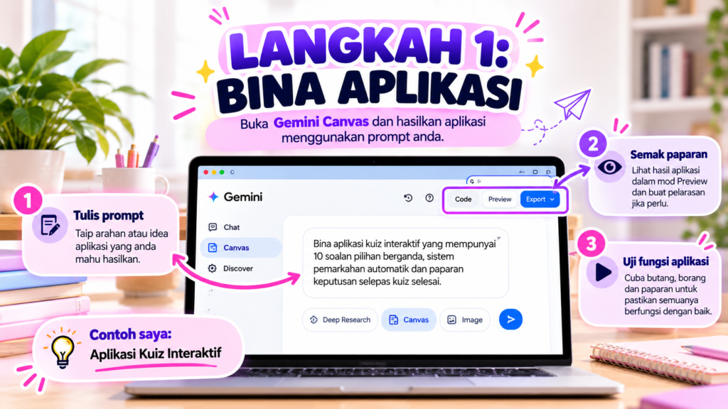 Cara membina aplikasi menggunakan Gemini Canvas langkah demi langkah.