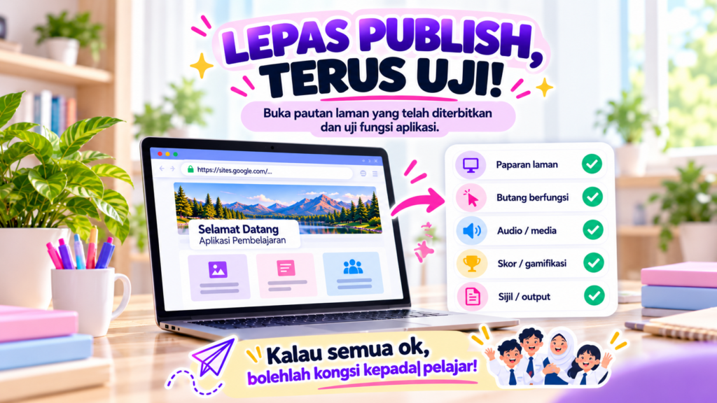 Semakan fungsi aplikasi Google Sites selepas diterbitkan.