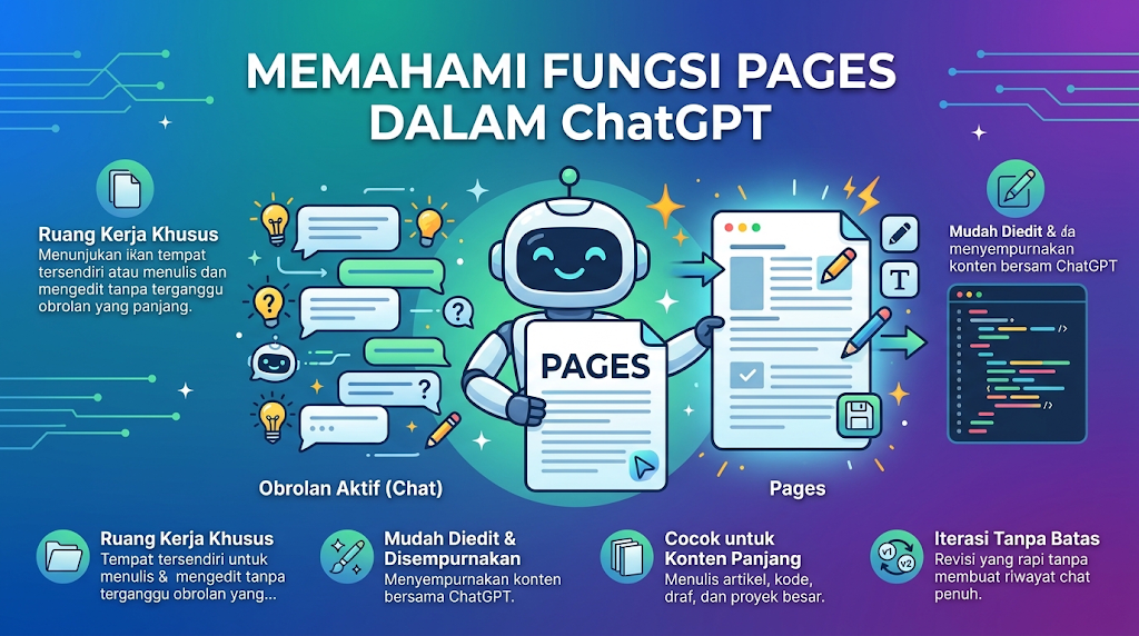 Infografik bertajuk "MEMAHAMI FUNGSI PAGES DALAM ChatGPT" memaparkan ilustrasi robot comel menghubungkan gelembung perbualan (chat) ke dokumen digital "Pages", beserta penerangan fungsi seperti ruang kerja khusus, kemudahan mengedit, dan penyuntingan kod.