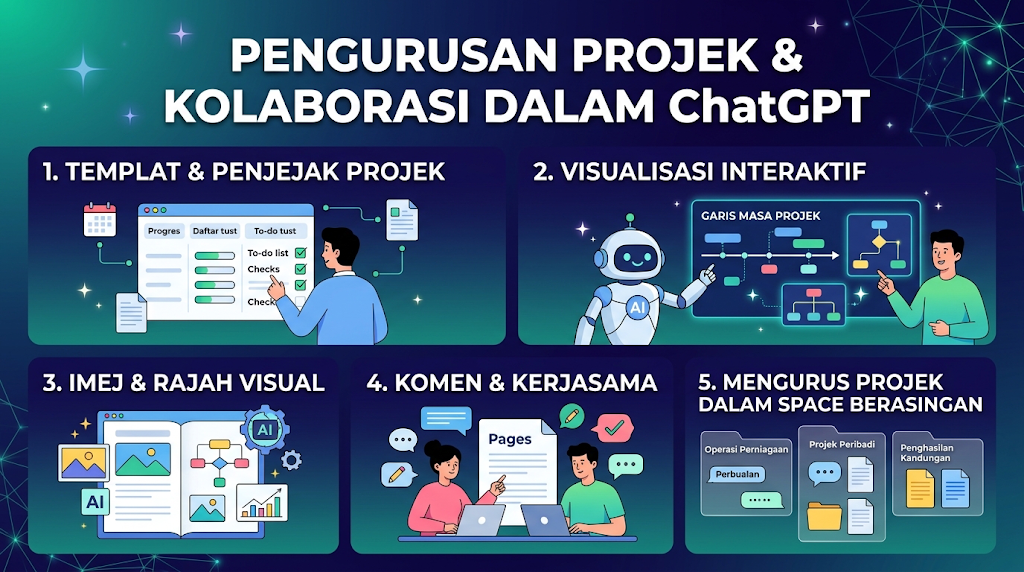 Infografik bertajuk "PENGURUSAN PROJEK & KOLABORASI DALAM ChatGPT" yang memaparkan 5 ciri utama: templat & penjejak projek, visualisasi interaktif, imej & rajah visual, komen & kerjasama, serta pengurusan projek dalam space berasingan.