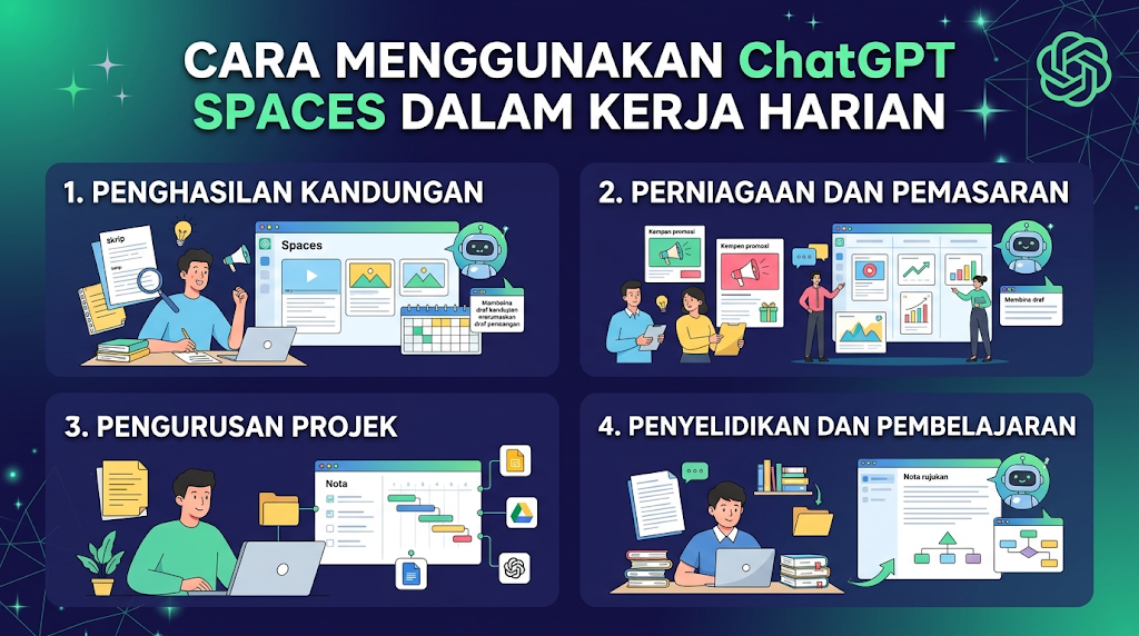 Infografik bertajuk "CARA MENGGUNAKAN ChatGPT SPACES DALAM KERJA HARIAN" yang memaparkan 4 kegunaan utama: penghasilan kandungan, perniagaan dan pemasaran, pengurusan projek, serta penyelidikan dan pembelajaran.