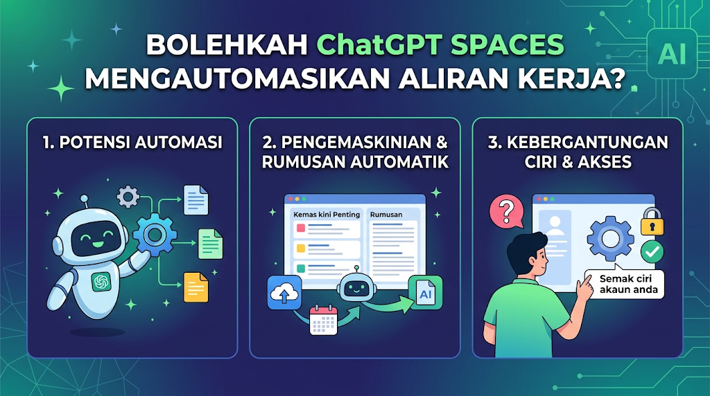 Infografik bertajuk "BOLEHKAH ChatGPT SPACES MENGAUTOMASIKAN ALIRAN KERJA?" yang membincangkan 3 topik utama: potensi automasi, pengemaskinian & rumusan automatik, serta kebergantungan ciri & akses.